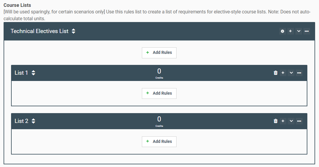 Screenshot of Engineering technical elective list rule subcategories.