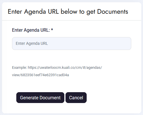 Enter Agenda URL box with example URL; Generate Document and Cancel buttons.