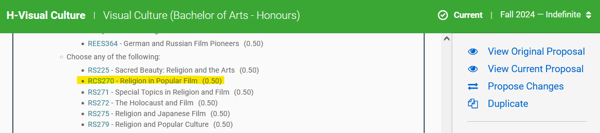 Fall 2024 record for Honours Visual Culture, highlighting RCS270 in the Approved Courses List. 