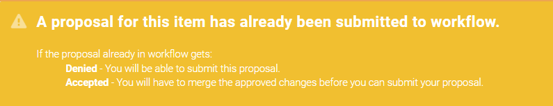 Screenshot of the error message "A proposal for this item has already been submitted to workflow."