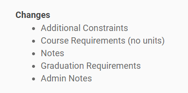 A proposal form's summary of field changes on a proposal, listing a change to the Admin Notes field.