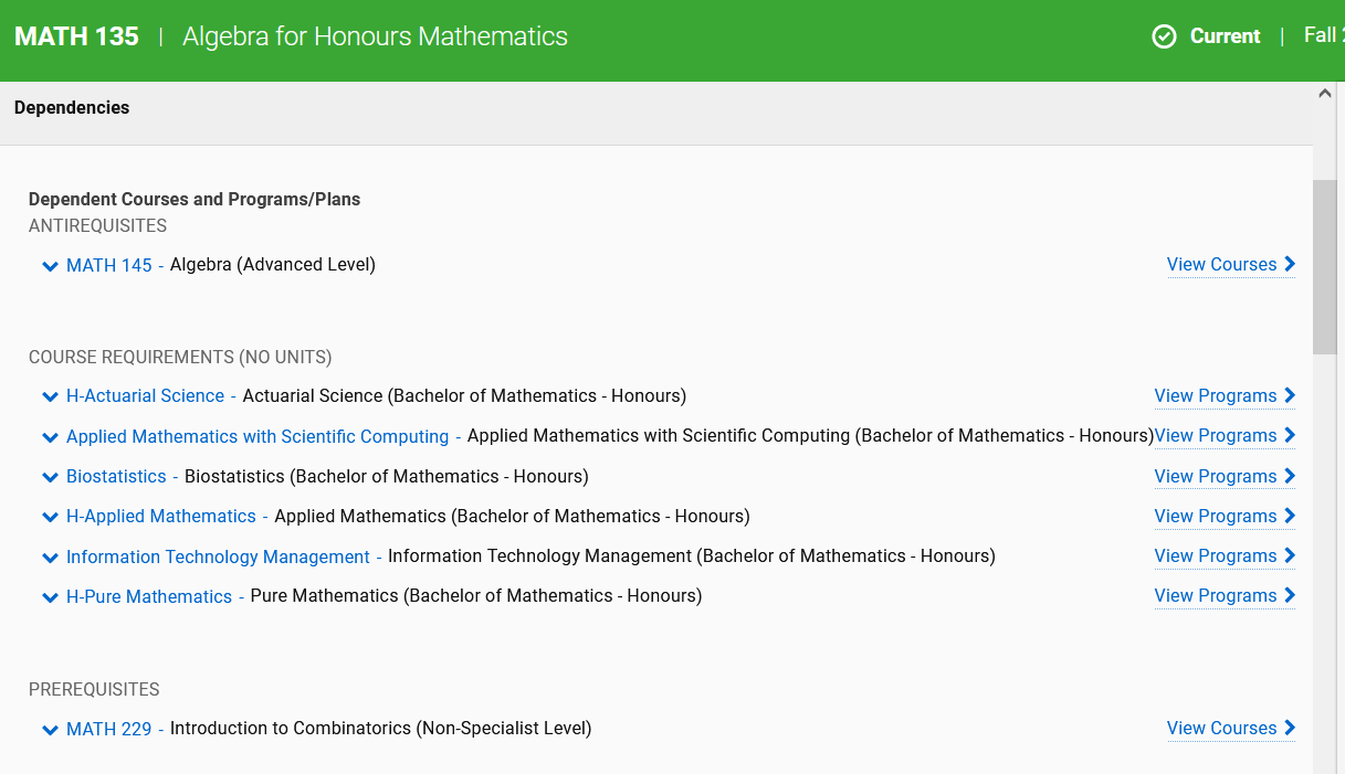 Screenshot displaying the dependencies of course record MATH135.