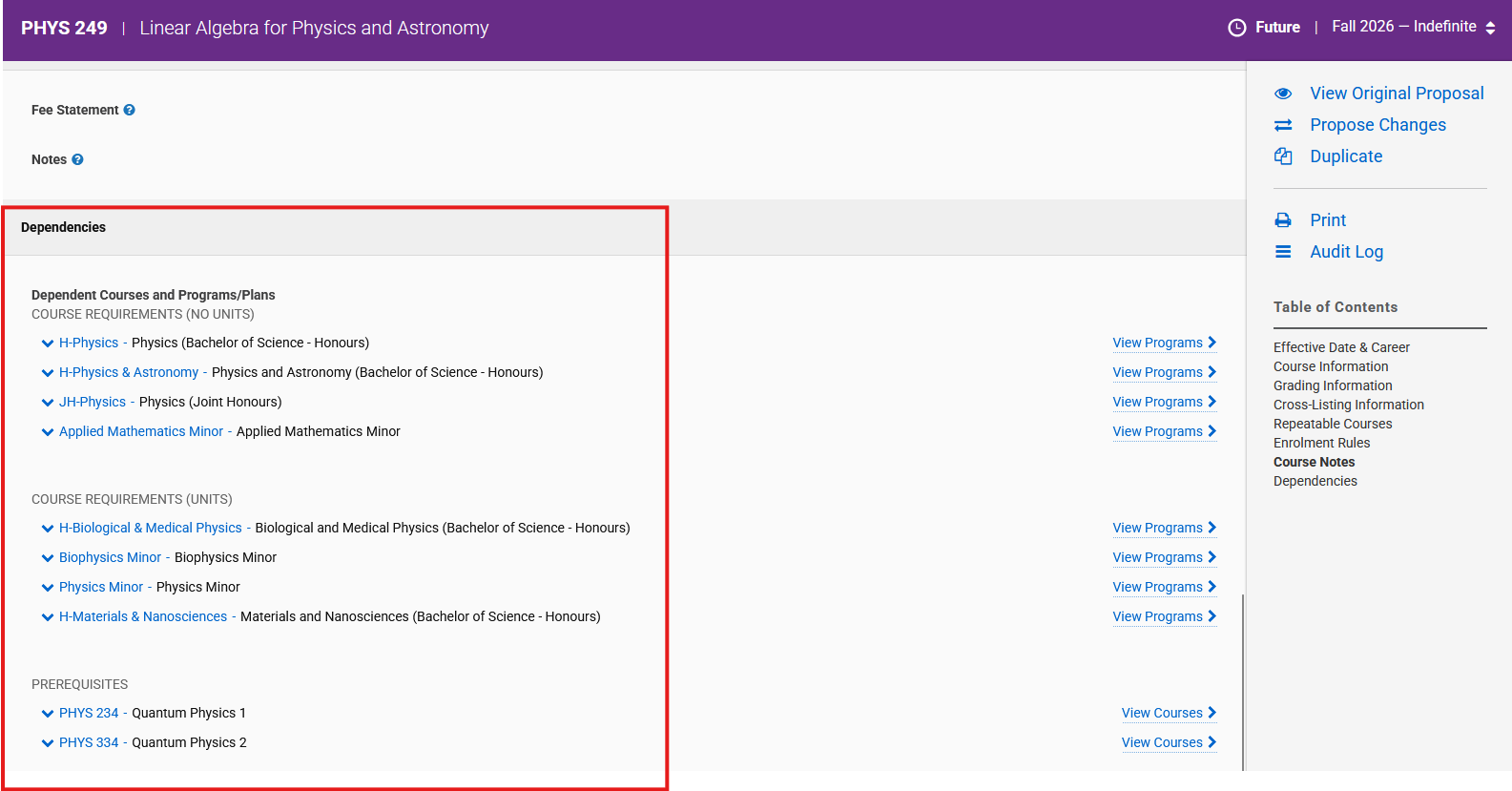 The dependencies section of the PHYS249 course record highlighted - 2 prerequisites and 8 plans.