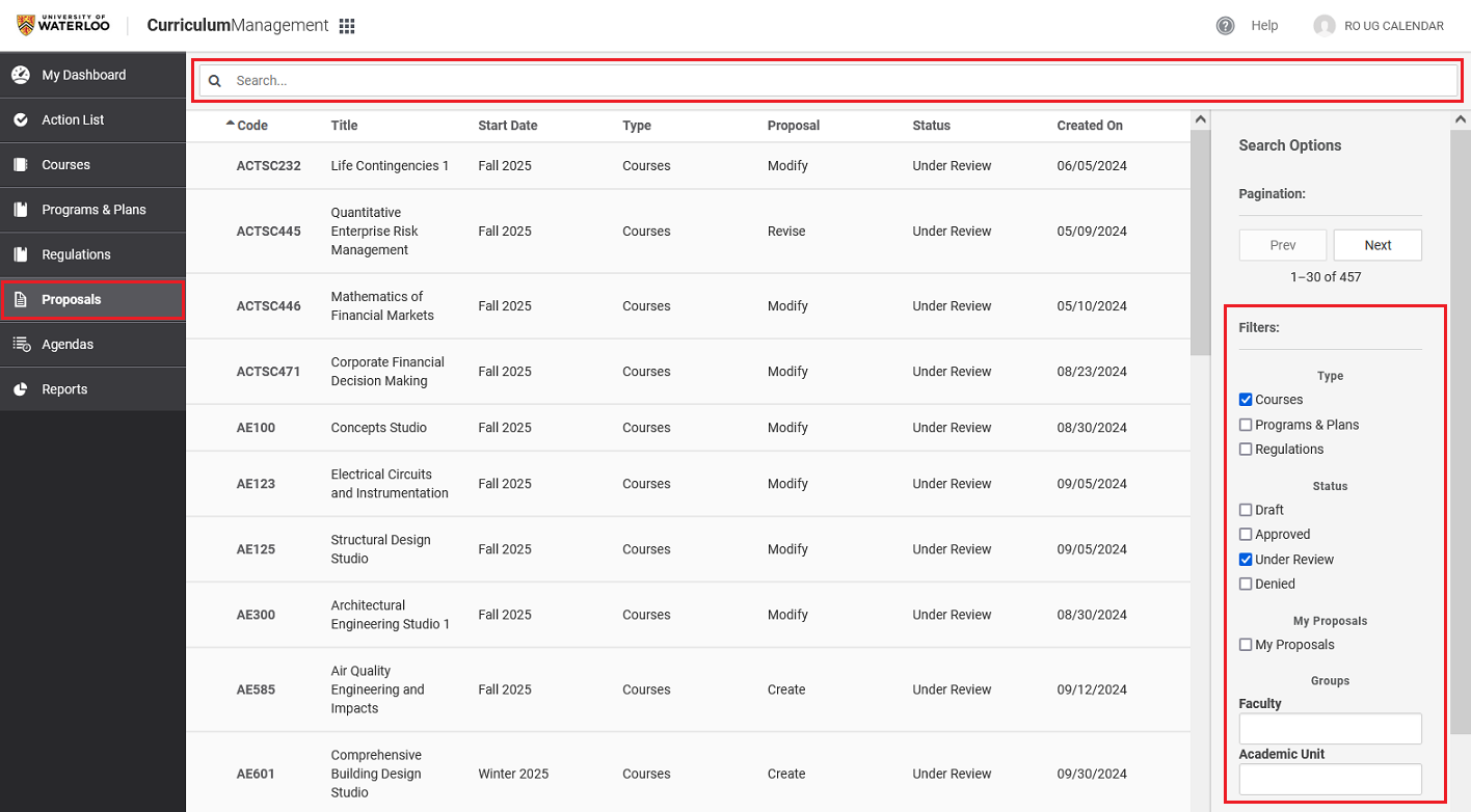 The Kuali CM proposals database, highlighting the database search bar and the right menu search options for filtering results, including: proposal type, status, my proposals, faculty, and academic unit.