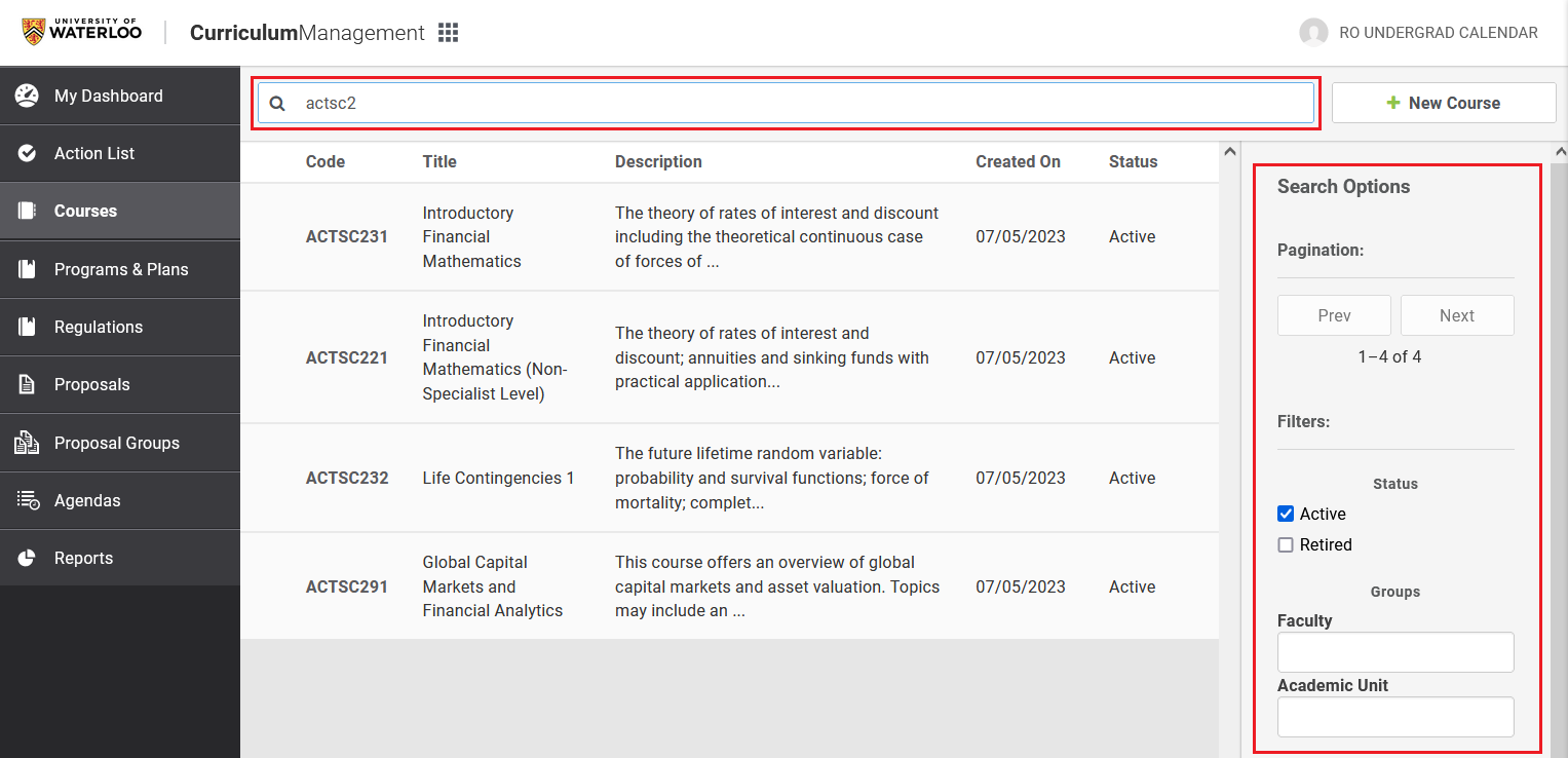 Screenshot displaying the search and filter functionality in Kuali CM.