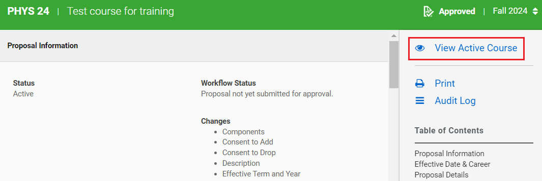 Screenshot of an original proposal, highlighting returning to View Active Course