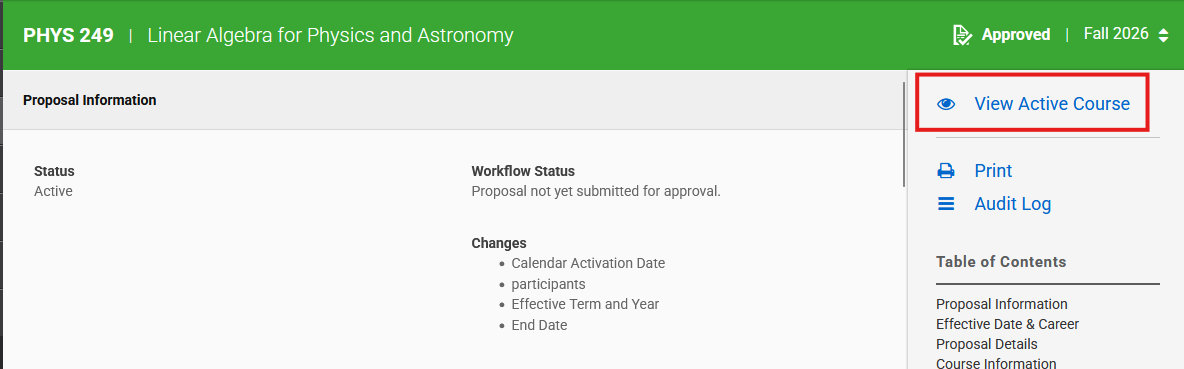Screenshot of an original proposal, highlighting returning to View Active Course.