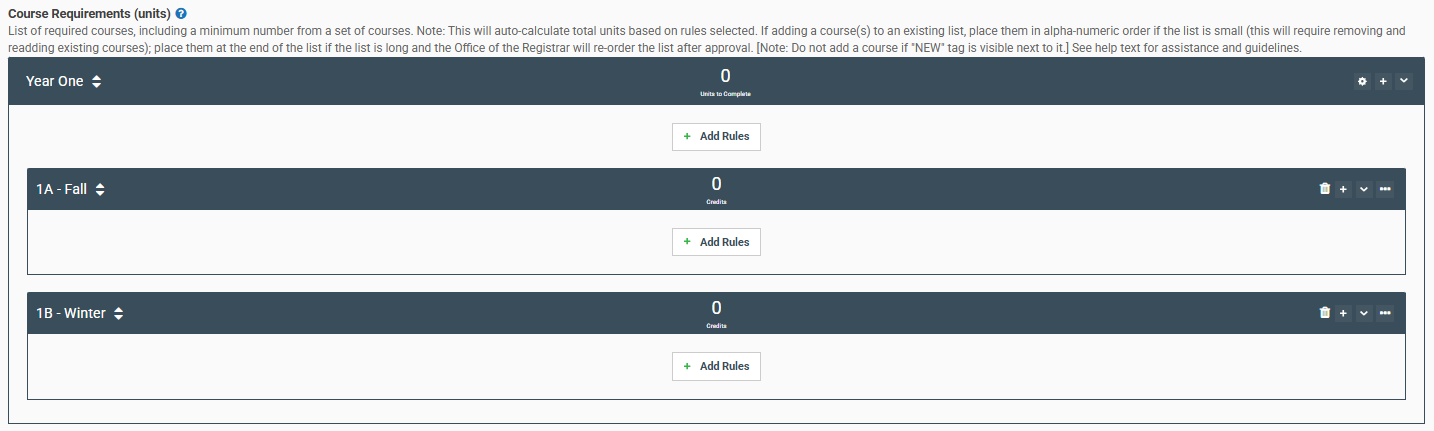 Screenshot of Optometry rule subcategories: Year Yone and 1A-Fall 1B-Winter.