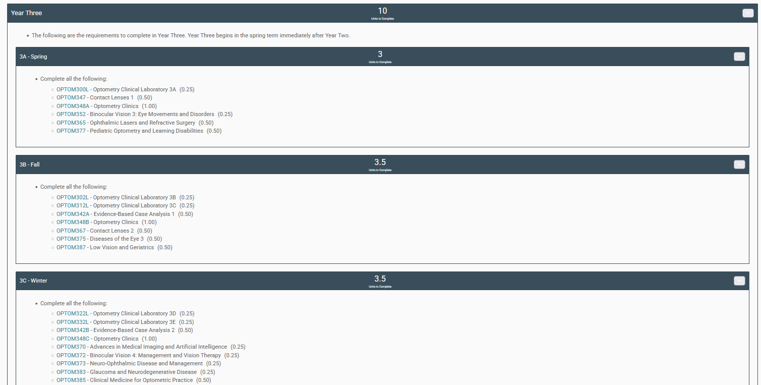 Screenshot of Optometry rule subcategories: Year Three and 3A-Spring, 3B-Fall, and 3C-Winter.