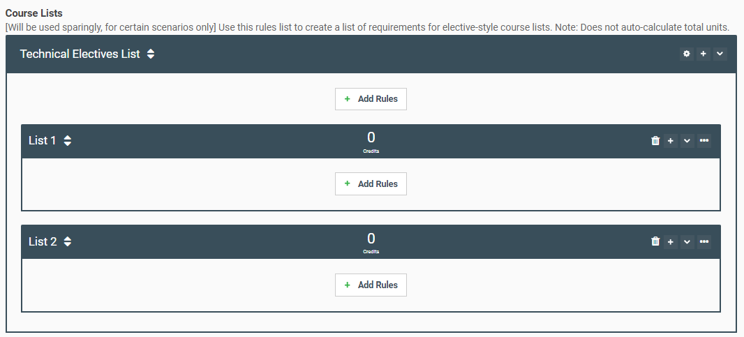 Screenshot of the rule types that should be used for an Engineering technical electives list.