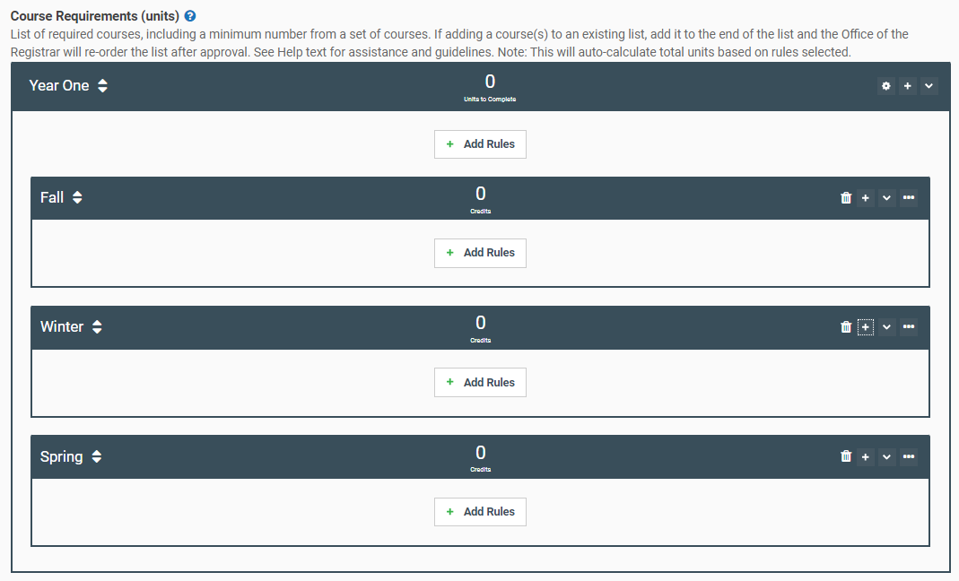 Screenshot of the rule types that should be used for an Optometry requirements list.