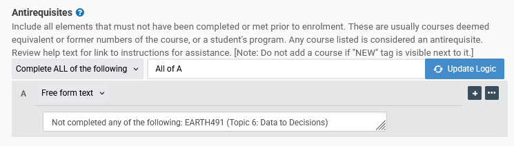 Free form text rule, for an antirequisite including a topics course, in Kuali CM.