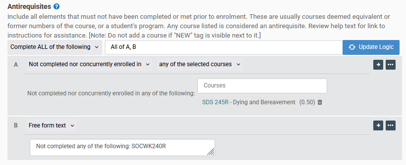 Kuali CM antirequisite rules, displaying how to input a course that has been renumbered using standard wording and format.