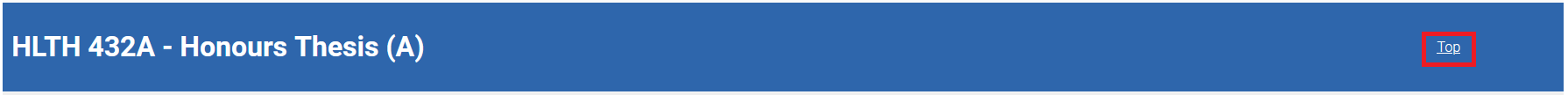 Sample HLTH 432A - Honours Thesis (A) proposal's blue bar with "Top" link on the right side