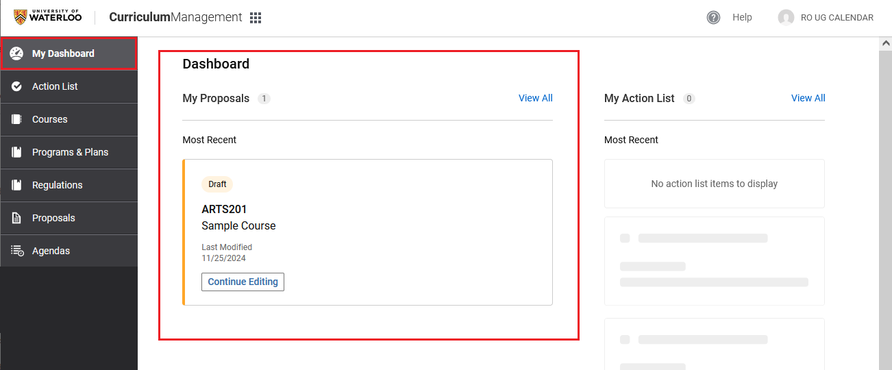 Individual user's dashboard in Kuali CM, highlighting the My Dashboard tab on the left menu and the My Proposals area.