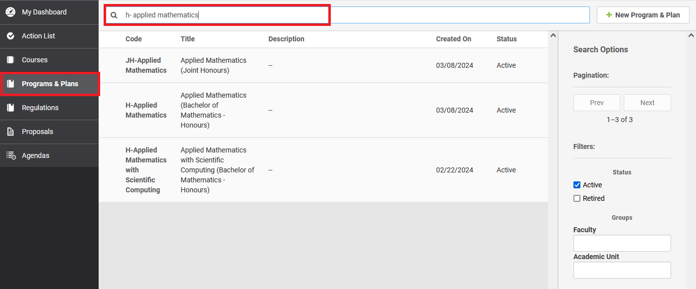 The Programs and Plans database in Kuali CM, with the keywords "h- applied mathematics" typed into the search bar, and returning three Applied Mathematics record results.