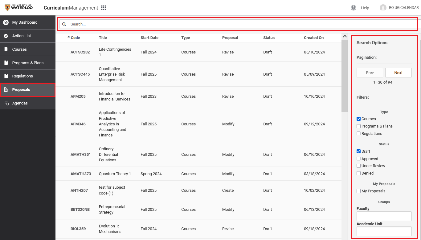 The Kuali CM proposals database, with the Search bar and Search Options right-side panel highlighted.