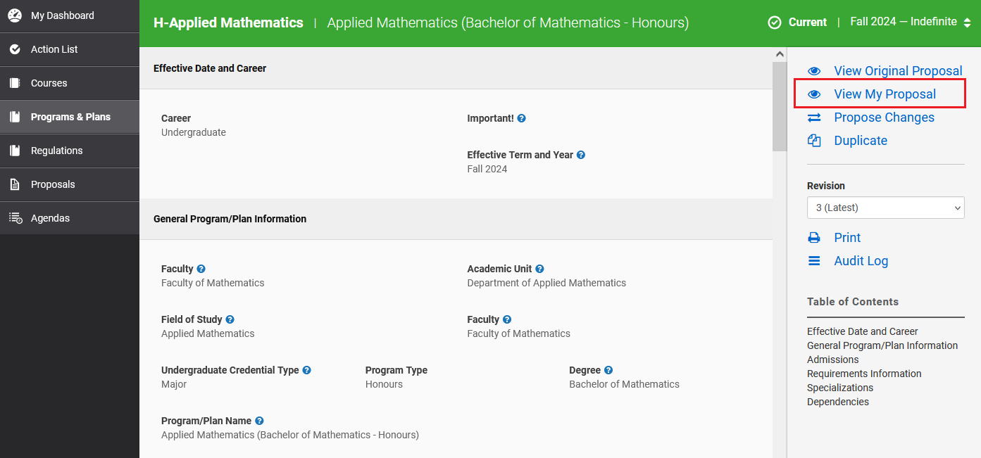 The active record in Kuali CM for the program and plan H-Applied Mathematics, highlighting the button to "View My Proposal".