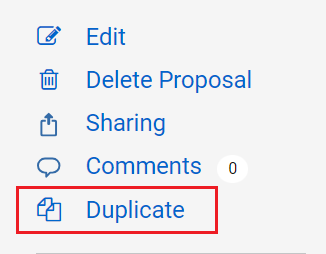 Screenshot highlighting the Duplicate feature on a Kuali proposal form.
