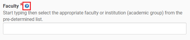 Screenshot highlighting the help text blue question mark icon, next to the Faculty field, in a course proposal form.