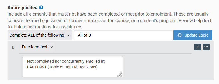 Free form text rule, for an antirequisite including a topics course, in Kuali CM.