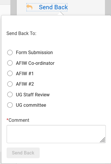 Sample view of the Send Back button and some workflow steps available in an under review proposal in Kuali CM.