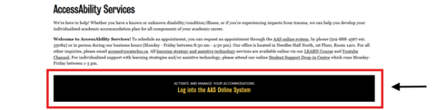 AccessAbility Services homepage with outlined button, "Log into the AAS Online System"