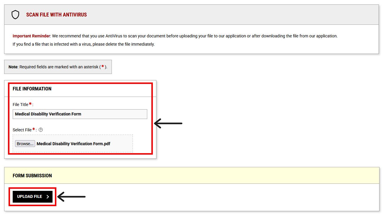 Screenshot of a file upload form for submitting a Medical Disability Verification Form. It includes labeled fields for entering file title and selecting a PDF file, with a prominent black "UPLOAD FILE" button for submission.