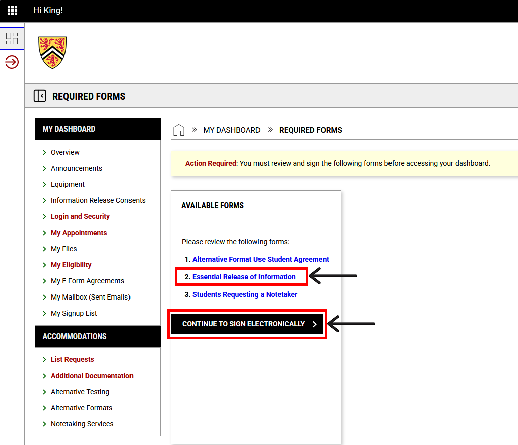 screenshot of AccessAbility Services' online system showing "Required Forms" that the user must review and sign before accessing their dashboard