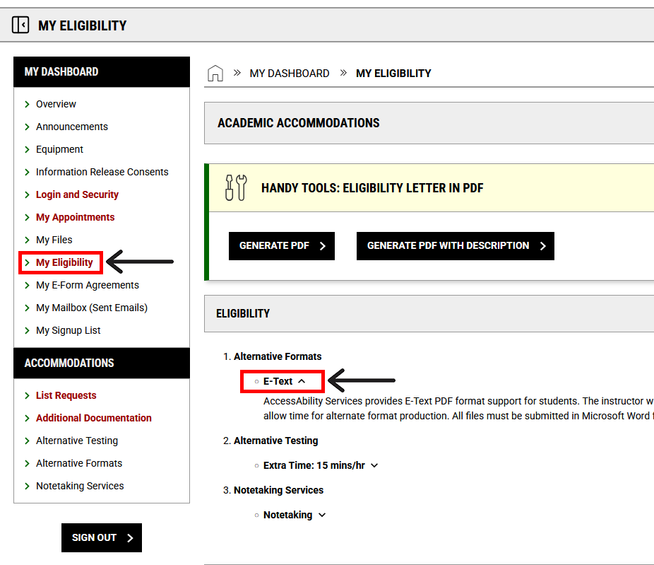 screenshot showing user's required forms including multiple agreements. In the left navigation panel, "My Eligibility" is outlined.