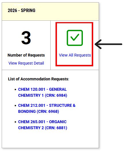 screenshot showing that 3 accommodation requests have been made for the current term with "View All Requests" button outlined