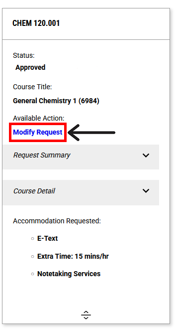 screenshot of course with approved accommodations with "Modify Request" button outlined.