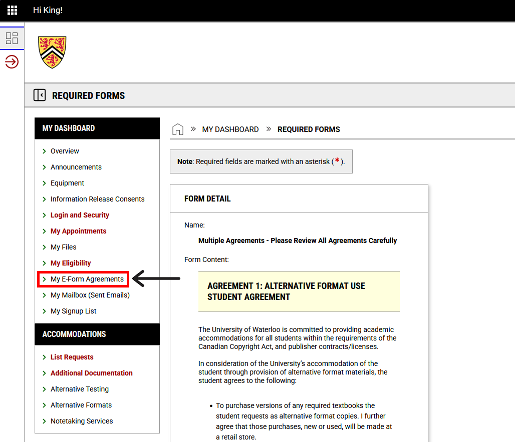screenshot showing user's required forms including multiple agreements. In the left navigation panel, "My E-Form Agreements" is outlined.