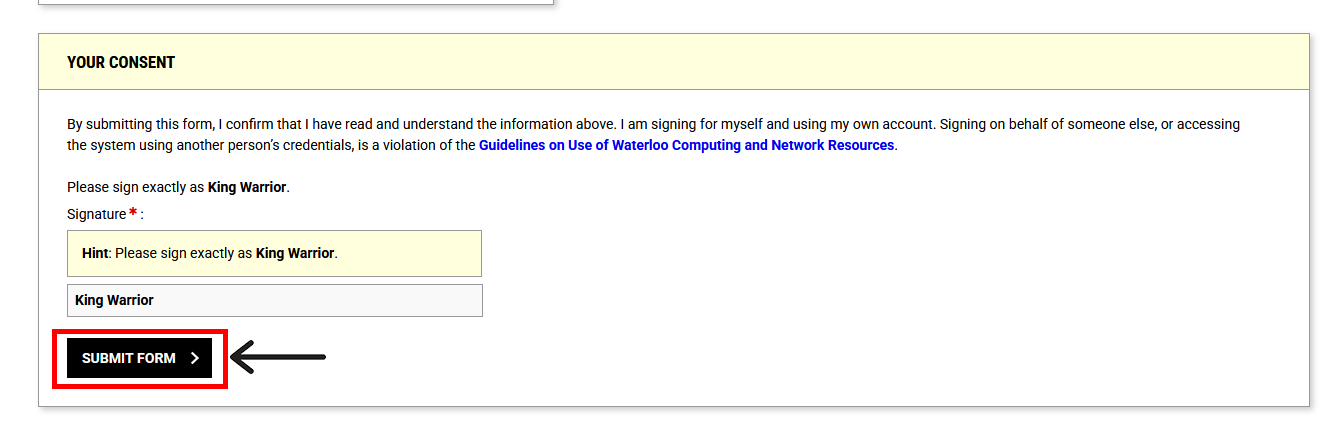screenshot of "Your Consent" heading at the bottom of the e-form agreement with a signature field to type the user's full name and outlined button, "Submit Form."