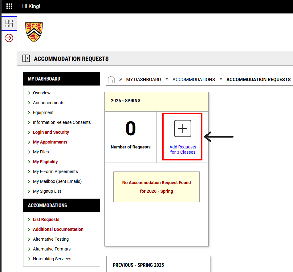 screenshot showing that no accommodation requests have been made for the current term with "Add Requests" button outlined