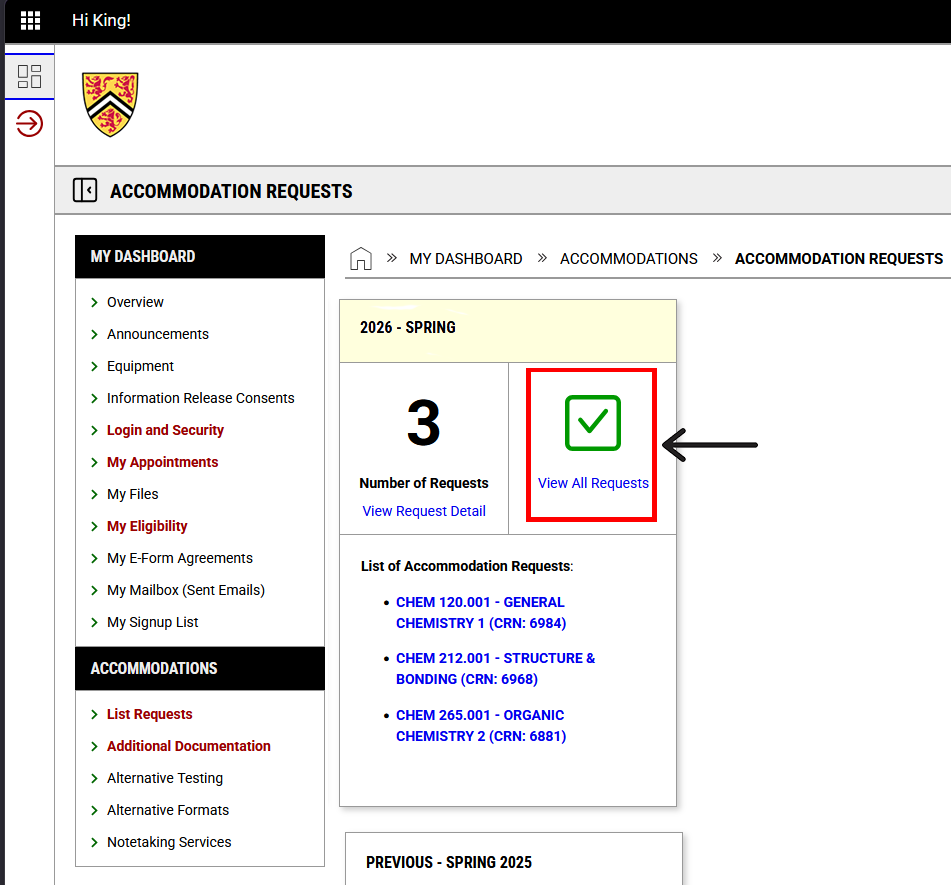 screenshot as well as showing that 3 accommodation requests have been made for the current term with "View All Requests" button outlined