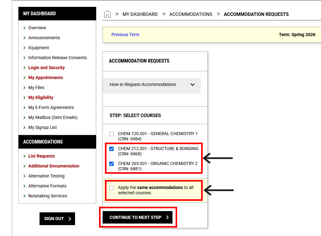 screenshot showing Step: Select Courses as part of the accommodation request process with checked box for PSYCH 101.001 and the button, "Continue to next step" outlined.