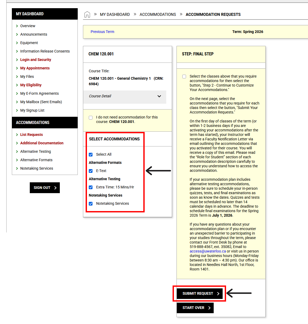screenshot showing process of selecting accommodations for a specific course, with checked boxes beside specific accommodations and an outline around the "Submit Request" button. 