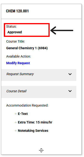 screenshot of request status for two courses; one showing as "Approved" and the other showing as "Pending Changes."
