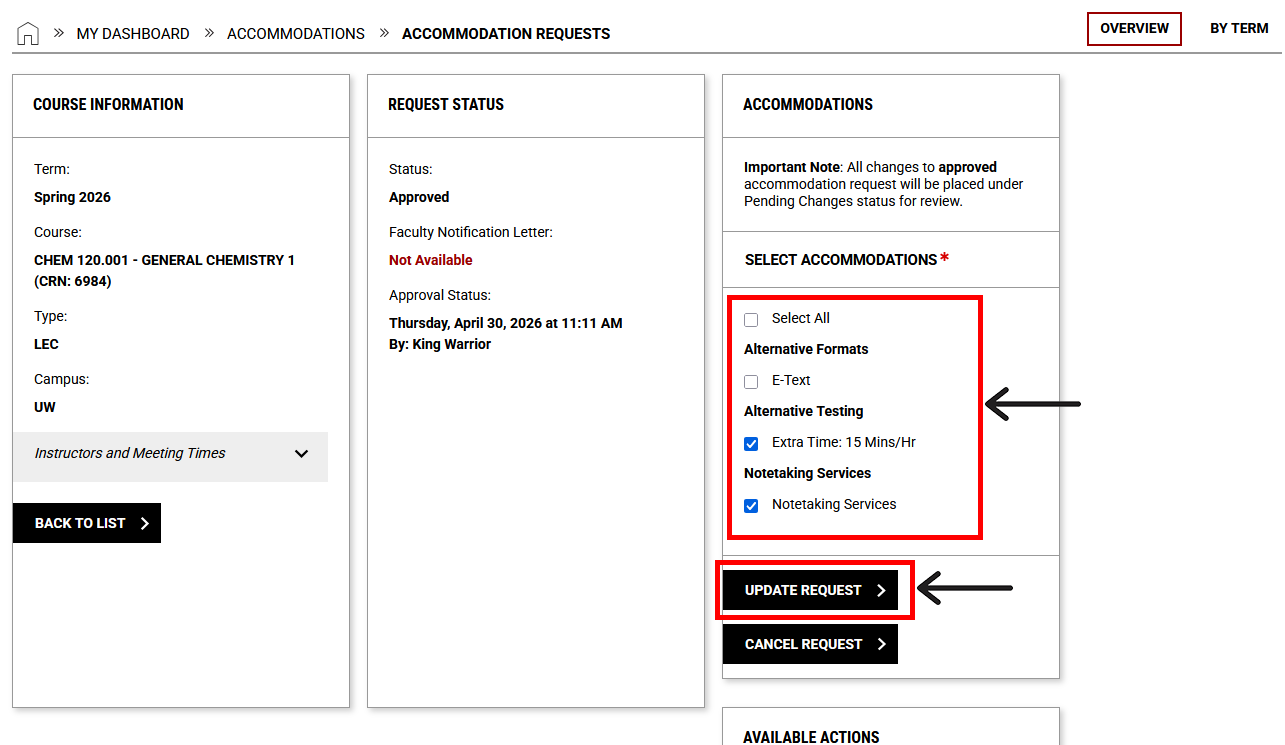 screenshot highlighting list of eligible accommodations with checkboxes beside them and outlined button, "Update Request."
