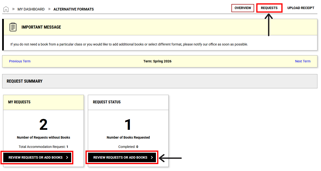 screenshot of Alternative Formats Overview page with outlined button, "Review Requests"