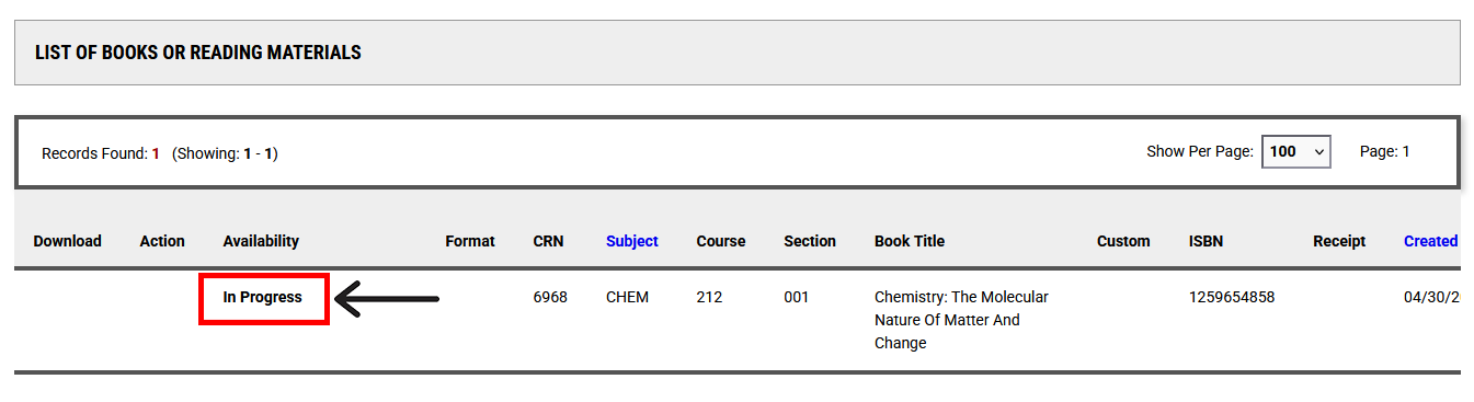 screenshot of Alternative Formats: Requests page with availability showing "In Progress""