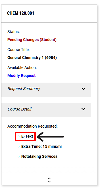 screenshot showing list of approved accommodations for a course with "E-Text" outlined