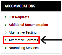 Left navigation panel under Accommodations, "Alternative Formats" is outlined