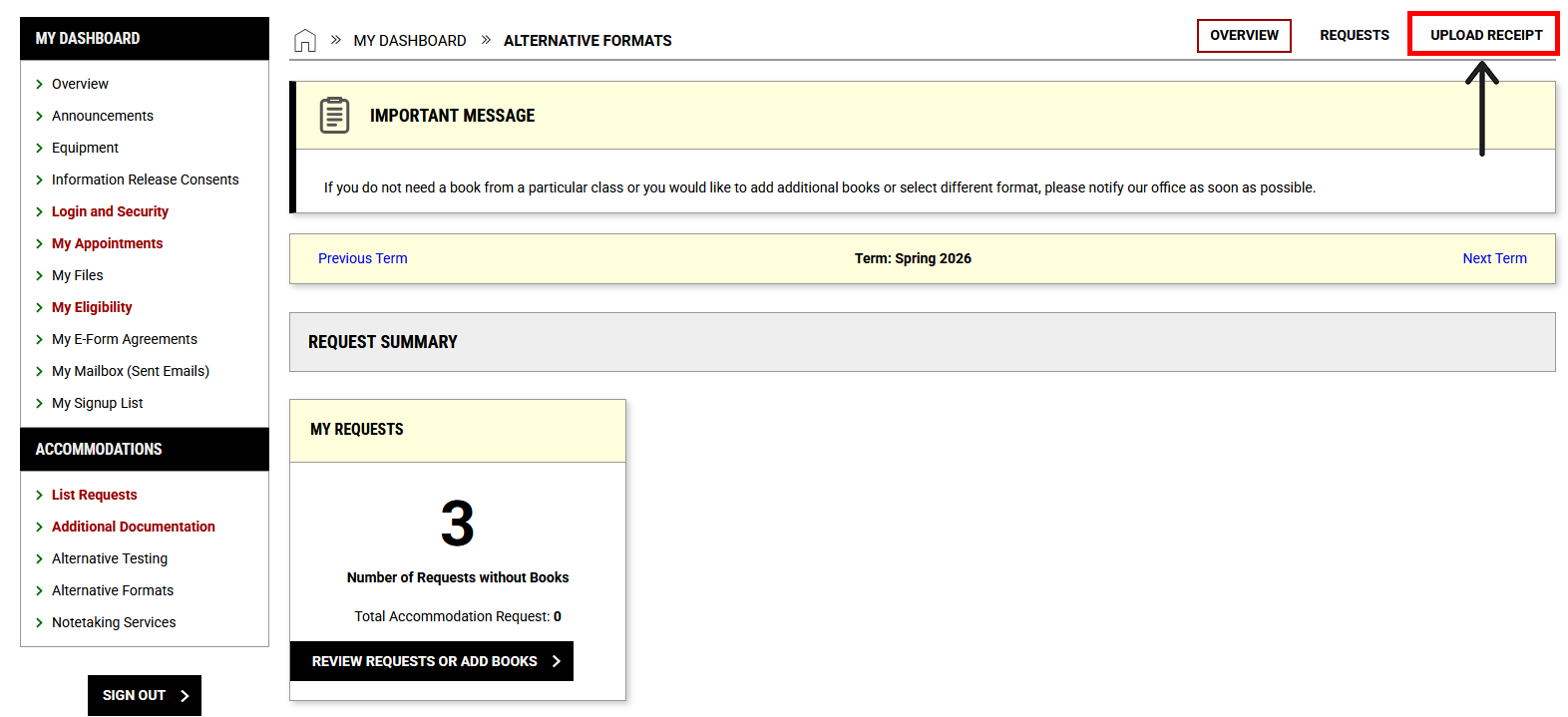 screenshot of Alternative Formats Overview page with "Upload Receipt" button outlined