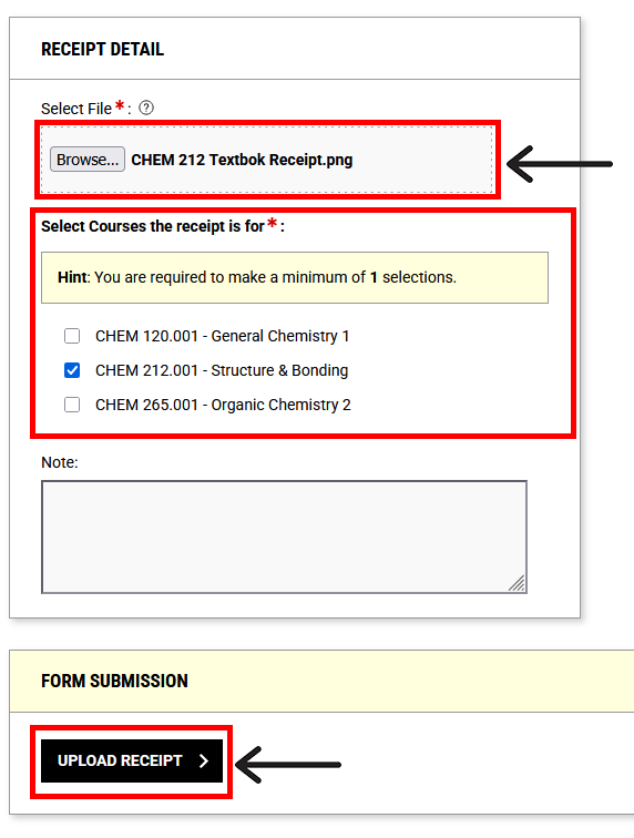 screenshot of receipt upload process including file upload, course selection, optional note, and "Upload Receipt" button.
