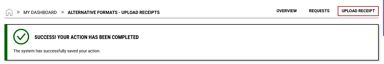 Upload receipt confirmation message: Success! Your action has been completed.