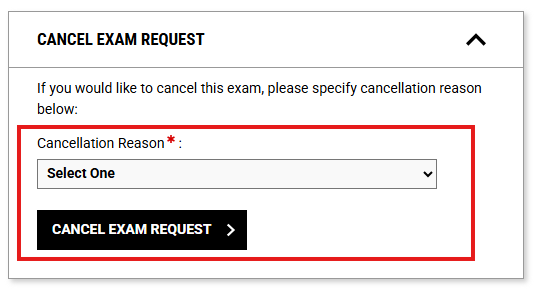 screenshot of a drop-down menu and cancel exam request button highlighted by a red box