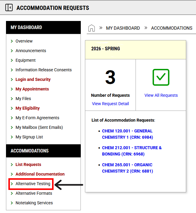 screenshot showing Alternative testing highlighted with a red box on the left hand menu