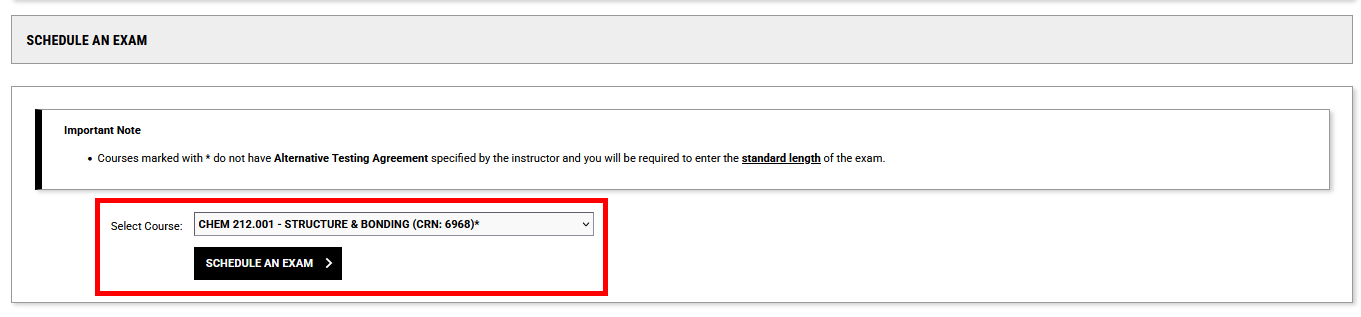 screenshot showing a dropbox with classes and a submit exam request button highlighted with a red box